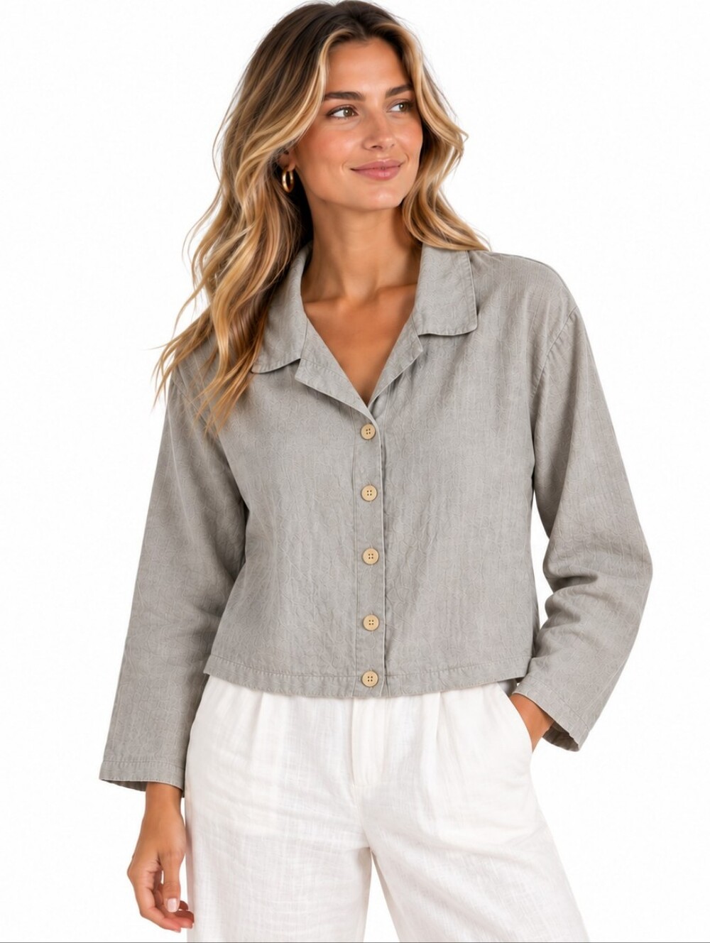 Vintage Eileen Fisher Linen Blend Button Up Shacket L Taupe Coastal Minimalist